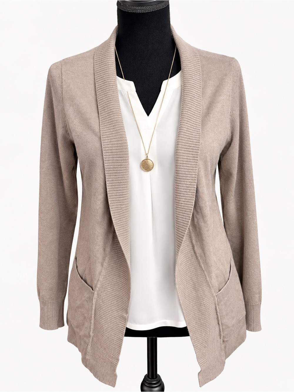 Women's Taupe Open-Front Knit Cardigan Sweater